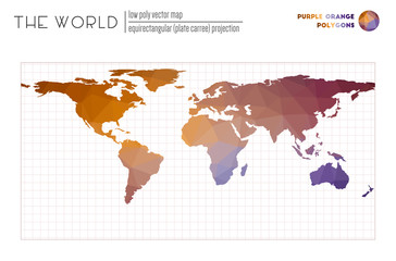 Polygonal map of the world. Equirectangular (plate carree) projection of the world. Purple Orange colored polygons. Creative vector illustration.