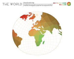 World map with vibrant triangles. Modified stereographic projection for Europe and Africa of the world. Red Yellow Green colored polygons. Neat vector illustration.