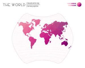 World map in polygonal style. Larrivee projection of the world. Red Purple colored polygons. Modern vector illustration.