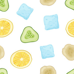 Seamless food vector pattern. Cartoon hand drawn ice cubes, lemon, cucumber, ginger on white background. Flat illustration for textile, wrapping paper, cocktail packaging, cosmetics, female face mask