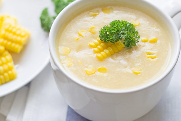 Bowl of corn soup, Close up.