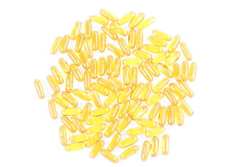 Fish oil capsules on white background