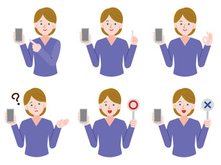 Fototapeta premium 白人 女性 スマートフォン シンプルイラスト 線なしセット