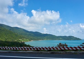 DA NANG, VIETNAM - NOVEMBER 20, 2019: Street at Son Tra Mountain with view over Da nang city,...