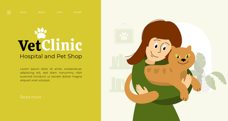 Design for vet clinic, medical center or pet shop. Cute girl hugging cat in hands. Vector illustration veterinary hospital or health care service for domestic animals. Template layout, banner, flyer.