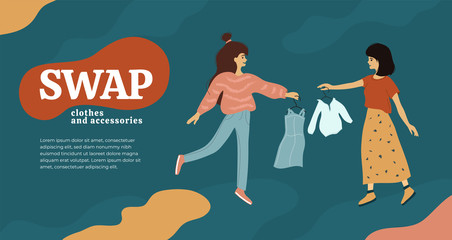 Girls exchange dress and shirts on hangers. Swap clothes and accessories. Flea market, shop or party of exchange old wardrobe for new. Template for banner, poster, layout, flyer. Vector illustration. - obrazy, fototapety, plakaty