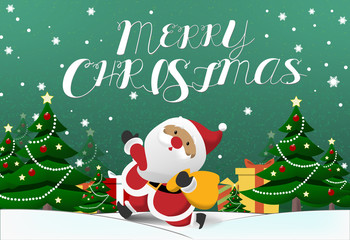 Merry Christmas! and Happy Holidays Postcard or Background with santa with christmas trees and gift boxs