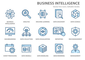 Business Intelligence icons set. Vector illustration. Editable stroke.