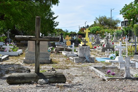 Picture of a colored cemetery with a beautiful wooden cross in the foreground.