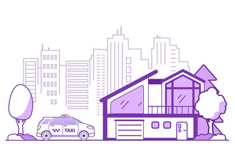 Suburban house in the forest. Country cottage. Rural villa. Flat vector illustration. Concept for sale of buildings.Online taxi service.City silhouette outline with skyscrapers.car