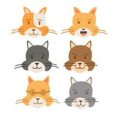 Set face cats. Cartoon character animal kitten. Flat vector. A concept an illustration for veterinary clinics and children's books.