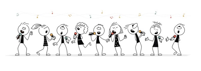 Doodle stick figure: Little singing  people with microphones.