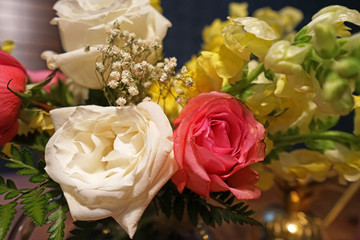 Close up colorful white and pink rose bouquet