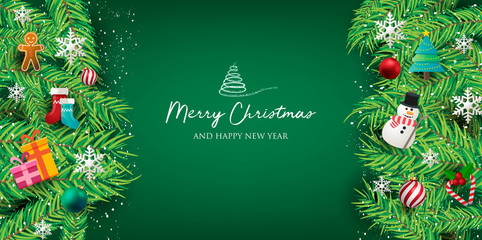 Naklejka na ściany i meble Christmas banner with Background and christmas decorates. Text Merry Christmas and happy New Year.