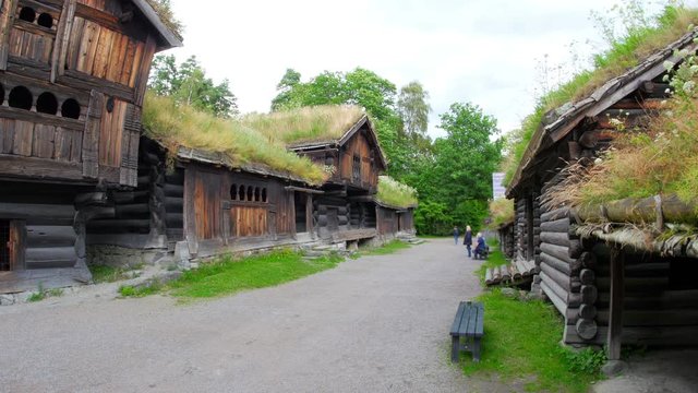 people at norwagian village houses with green grass rooftop, norway, 4k