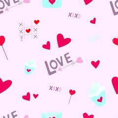 Cute valentines day seamless pattern with hearts, love lettering, tic tac toe on light pink background