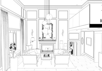 interior contour visualization, 3D illustration, sketch, outline