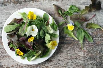 Salad with violets. Vegan Salad. Selective focus. Macro.