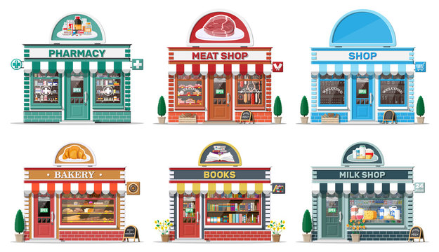Set of detailed city shop buildings. Bakery, book, milk, meat, pharmacy, grocery store. Small european style shop exterior. Commercial, property, market or supermarket. Flat vector illustration