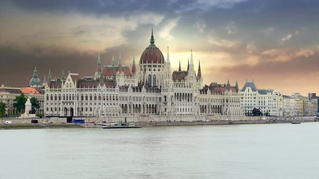 Budapest View with Parliament Building and Danube River, 4k