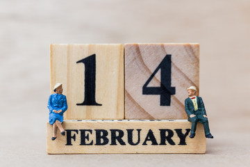 Miniature people couple with wooden block 14 FEB on wooden background,