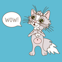 Emoticon with a funny enthusiastic cat, who stands with a cheerful look, clutching his hands to his chest, and says Wow, color clip art on a beige isolated background