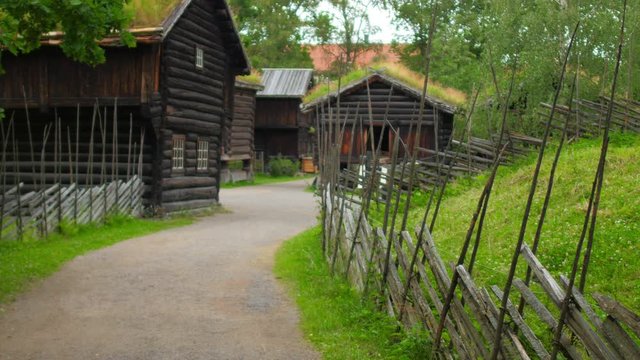 farm with beautiful norwagian village green grass rooftop, norway, 4k