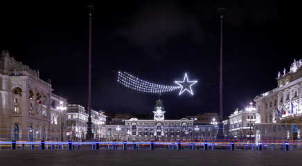 Trieste city. Christmas decorations by night