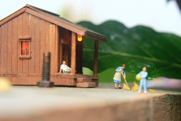 Morning Activity at Village, Sweeping Housewife, Relaxing Father and son want ready go to soccer field,