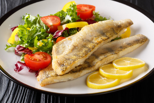 Tasty fried zander fillet with fresh vegetable salad close-up in a plate on the table. horizontal