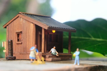 Morning Activity at Village, Sweeping Housewife, Relaxing Father and son want ready go to soccer field,