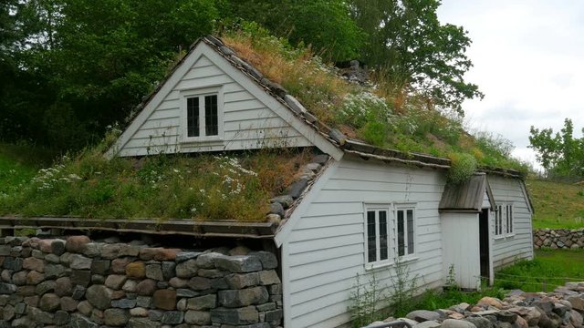 beautiful norwagian village houses with green grass rooftop, norway, 4k