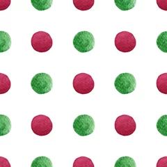 Papier Peint photo Lavable Polka dot Points peints à l& 39 aquarelle verte et rouge de Noël isolés et tracés en motif transparent sur fond blanc. Les points de couleur sont également répartis avec une texture de bord grossière.