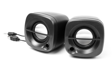 Black two computer speaker, isolated on white background.