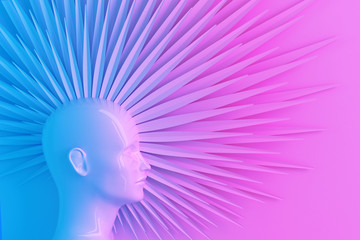 Profile of a female head with a stylized Iroquois of petals in ultraviolet blue and pink light. 3D illustration