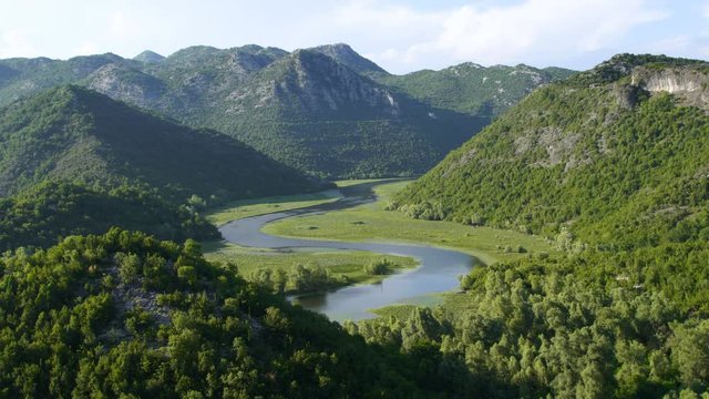 Skadar lake river curved on valley, virpazar national park, Montenegro