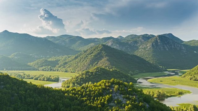 Skadar lake river curved on valley, virpazar national park, Montenegro