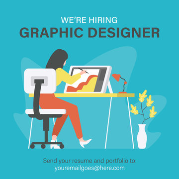 We Are Hiring Graphic Designer, Creative People, Artist. Illustration Of Woman Designer