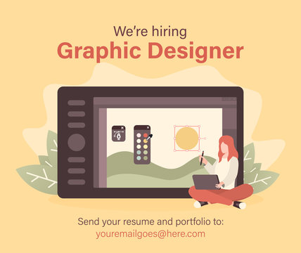 We are hiring graphic designer with woman and drawing tablet illustration