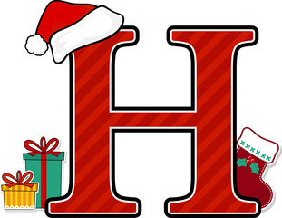 capital letter h with red santa's hat and christmas design elements isolated on white background. can be used for holiday season card, nursery decoration or christmas paty invitation