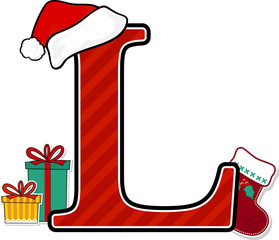 capital letter l with red santa's hat and christmas design elements isolated on white background. can be used for holiday season card, nursery decoration or christmas paty invitation