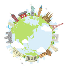 Image of world travel circular vector illustration ( world famous buildings / world heritage ) / earth printed on Printed Glass Basin Splashbacks