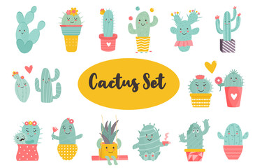Big set of cacti characters in different poses