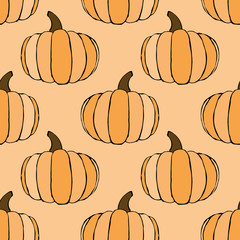 Vector seamless pattern with hand drawn outline pumpkins. Garden vegetable background. Template for fabric, wrapping paper, harvest festival or halloween decoration