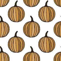 Vector seamless pattern with hand drawn outline pumpkins. Garden vegetable background. Template for fabric, wrapping paper, harvest festival or halloween decoration