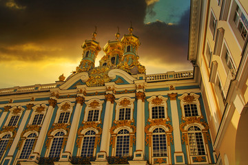 Attractions on Palace Square in St. Petersburg at sunset