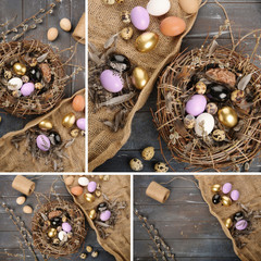 Different size Painted colored Eggs And Feathers For Easter on dark wooden background. Boho stile....