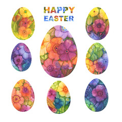Happy Easter. A set of Easter eggs with different watercolor fill and decorative floral patterns on a white background.Trendy colors pink,green,violet. Text.Spring holiday.