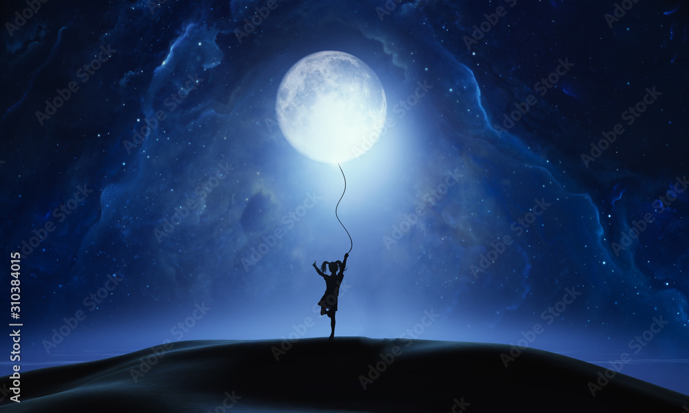 Wall mural abstract artistic 3d rendering illustration of a girl pulling down the moon from the sky