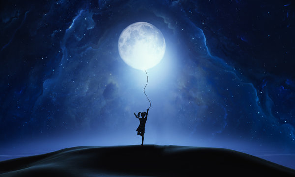 Abstract artistic 3d rendering illustration of a girl pulling down the moon from the sky
